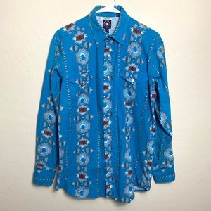 Panhandle Slim Men’s Medium Button Front Southwest Blue Brown Cream Tan